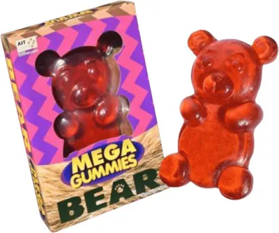 A large red gummy bear candy and its packaging are shown against a white background.