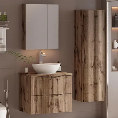 Produktbild von Badmöbel-Set 3-teilig mit 60 cm Waschtisch & Spiegelschrank in Eiche mit gerillter Front - CALURI-140