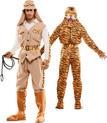 Safari Wendekostüm Tiger Jäger für Herren Gr. M-XL braun orange Zwei in Eins-Kostüm Spaßkostüm Fasching Karneval Mottoparty