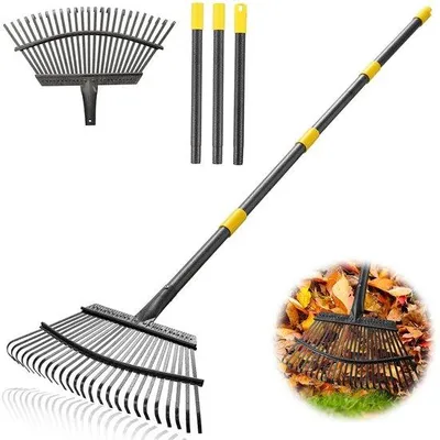 Produktbild von Unyqoos® Verstellbare Laubharke mit 25 Metallzinken – ergonomischer Gartenrechen zum Sammeln von Laub & Grasschnitt, rostbeständig, leicht und robust
