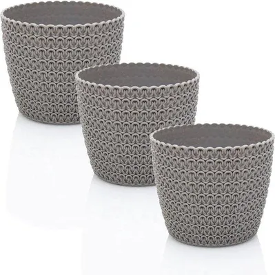Image de Pots de fleurs en plastique, lot de 3, 14 cm, gris, aspect bois