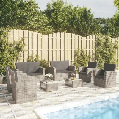 Image de The Living Store Ensemble de salon de jardin 8 pièces avec coussins Poly rotin gris