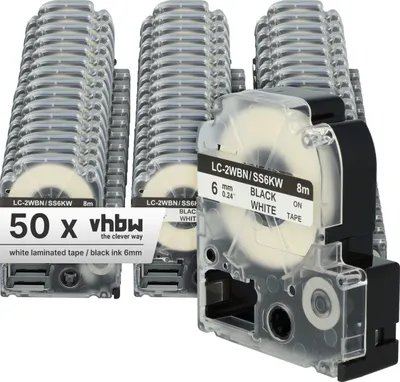 Produktbild von vhbw 50x Schriftband-Kassette Ersatz für Epson LC-2WBN für Etiketten-Drucker 8m x 6mm Schwarz auf Weiß