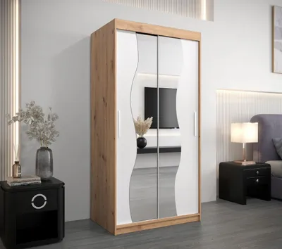 Obrázek produktu pro Šatní skříň se zrcadly XEIE - šířka 100 cm, dub artisan / bílá