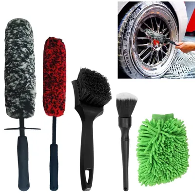 Obrázek produktu pro Sada pro čištění automobilu, 5 dílů: čisticí sada pro interiér, sada pro čištění exteriéru, kartáč na kola, mycí rukavice, detailní kartáč