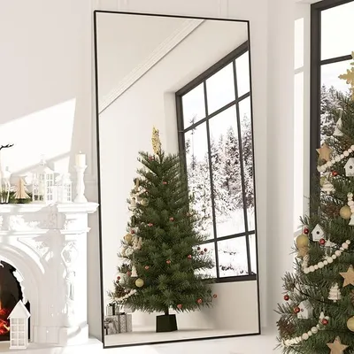 Zdjęcie produktu dla Lustro panoramiczne o wymiarach 193 x 86 cm, złote lustro, prostokątne lustro do sypialni lub salonu, rama wykonana z aluminium, do zawieszenia na ścianie lub do postawienia