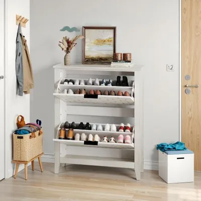 Produktbild von Weiss 80x24x97.5 cm Vintage-Schuhschrank freistehend Mid-Century Vintage 2 Klappschubladen Eingangsbereich Vitrine Schuhregal Schuhkommode Schrank