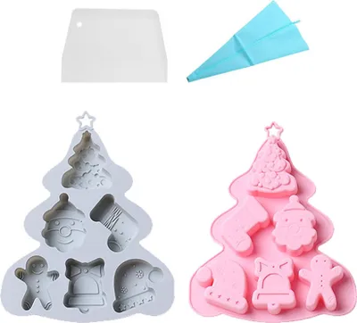 Image de 2PCS Noël Silicone Moules à Chocolat, 6 Cavité 3D Bonhomme de neige Pain d'épice Homme Arbre de Noël Père Noël Boîte Moules Cadeau