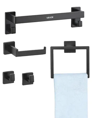 Image de VEVOR Ensemble d'accessoires de salle de bain (5 pièces) comprenant une barre porte-serviettes (406,4 mm) & un porte-serviettes (anneau carré) & 2 crochets & un porte-papier toilette, pour salle de bain, montage mural Noir mat