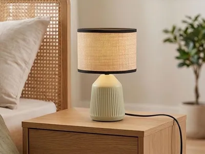 Produktbild von LED Tischlampe mit Keramikfuß Grün, Lampenschirm Papier geflochten, 26,5cm klein