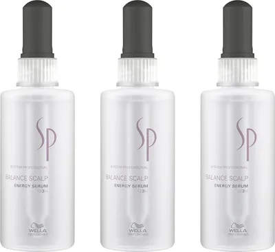 Three bottles of Wella SP Balance Scalp Energy Serum arranged side-by-side on a white background.