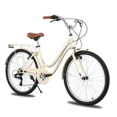 Produktbild von Hiland 26 Zoll 7 Gang Pendler Stadtfahrrad für Männer und Frauen, Step-Through Rahmen Cityräder für Erwachsene mit Gepäckträger und Korb, Fender