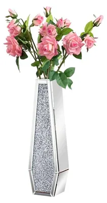 Produktbild von Luxus Spiegel Bodenvase mit zerstoßenen Diamanten - Blumenvase - Modernes Design - Glas & MDF - 16x11x68 cm - Silber 718