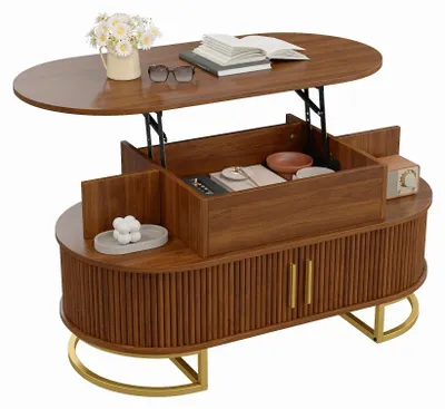 Produktbild von Ovaler höhenverstellbarer Couchtisch - MDF - Stauraumfach - Schiebetür - Holzrahmen - Zinklegierungsgriff - Walnuss
