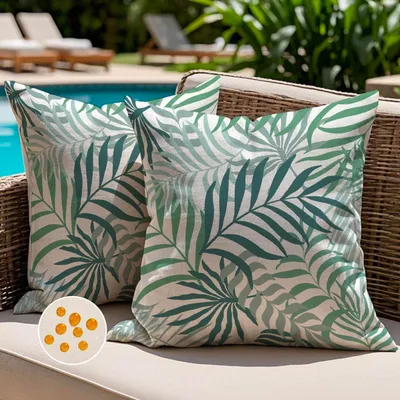 Produktbild von Set mit 2 Outdoor-Kissenbezügen, 45x45 cm, grün, wetterfest, für Sofas, Gärten, Sommer, tropische Blätter, dekorative Kissen für Sofas und Gärten