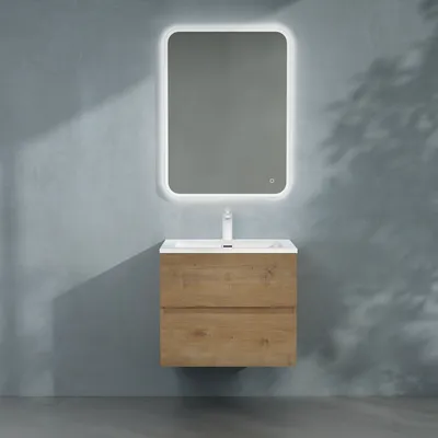 Produktbild von doporro Badmöbel-set Waschbecken-Unterschrank Badezimmer Wandmontage-Unterschrank BTH: 60x48x50 cm in Kerneiche inkl. Mineralguss-Waschbecken und LED-Spiegel Aqualis
