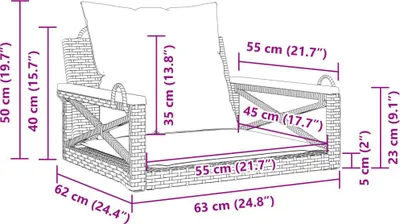 Immagine prodotto di vidaXL Sedia a dondolo sospesa con cuscini, nera, 63x62x40 cm, in polyrattan