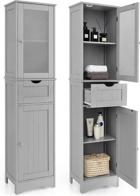 Image de Armoire haute étroite de salle de bain, 170 cm, gris, aspect bois
