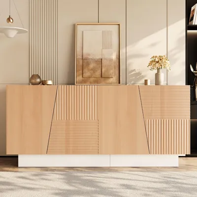 Produktbild von Merax Sideboard mit 4 Türen und 2 Staurräume, Kommode mit geometrische Rillenstruktur und verstellbare Einlegeböden, Wohnzimmerschrank mit MDF, Natur
