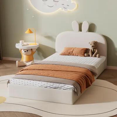Obrázek produktu pro Čalouněná postel MODFU dětská postel 90×200 cm s dřevěným lamelovým roštem, postel pro mládež jednolůžko s čelem ve tvaru králíka (bez matrace), sametově béžová barva