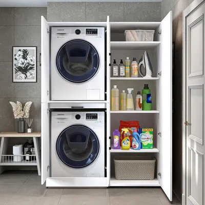 A laundry room with stacked washing machines and a storage cabinet filled with cleaning supplies.