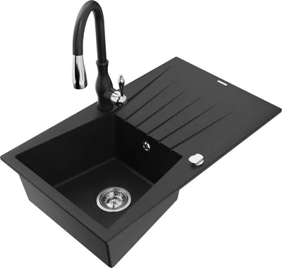 Produktbild von Mexen Cesar 1 Becken-Granitspüle mit Abtropffläche und Mischbatterie Savita, Schwarz - 6514-77-672601-70