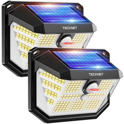 Image de Lampes solaires d'extérieur TECKNET, 【2 pièces】, 231 LED, très lumineuses à 300°, avec détecteur de mouvement, 3 modes, étanches IP65, lampes murales pour mur, poteau, allée, jardin, garage