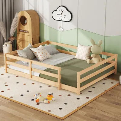 Obrázek produktu pro Dětská postýlka Montessori s bočnicemi – bez podstavce, sahající až k podlaze, z masivního dřeva, snadná montáž (140 × 200 cm, přírodní)