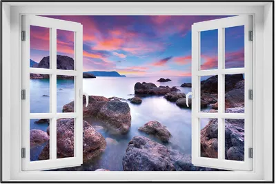 Produktbild von Wallario Wandbild mit Fenster-Illusion: Seelandschaft in blau und rot mit großen Felsen, Größe: 61 x 91,5 cm, Poster mit schwarzem Aluminiumrahmen