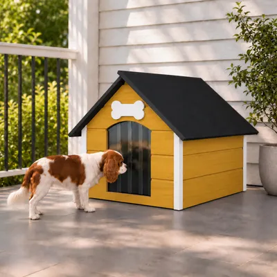 Image de Abri pour chien QLS, taille L, 81x68 cm, isolé, en bois, pour l'extérieur, couleur blanc naturel, référence 9125, Image générée par une IA
