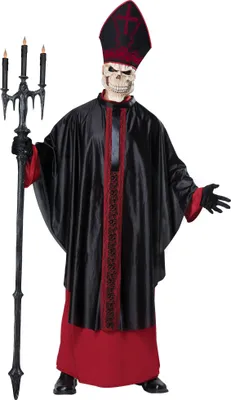 A skeleton priest costume displayed on a white background.