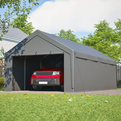 Zdjęcie produktu dla Wiata samochodowa 13 × 25 FT, zadaszenie samochodowe ze stalową ocynkowaną konstrukcją, wodoodporną i odporną na promieniowanie UV plandeką, 8 nogami, zdejmowanymi ścianami bocznymi, do samochodu, ciężarówki i łodzi, szara
