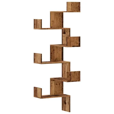 A wooden corner shelf unit.