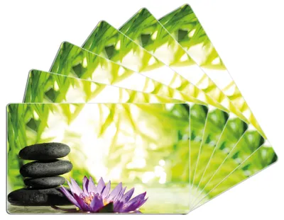 Produktbild von Wallario Frühstücksbrettchen 6er Set aus Glas, je 14 x 23 cm, mit rutschfesten Füßen, Motiv Steinstapel in schwarz mit Blumenblüte in lila