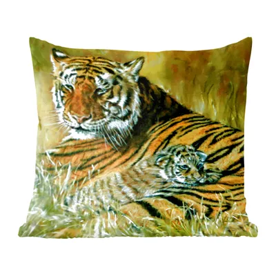Produktbild von MuchoWow® Zierkissen Sofakissen Wohnzimmer Dekokissen 50x50 cm Ölgemälde Tiger und ihr Junges - Komfort - Sofakissen