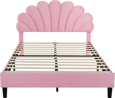 Immagine prodotto di okwish Letto imbottito 140 x 200 cm, struttura letto con testata floreale, letto a doghe, letto per adulti e ragazzi in materiale vellutato delicato sulla pelle, rosa