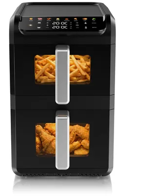 Produktbild von Arendo Heißluftfritteuse Doppelstock, 2 Garzonen 4 l + 6 l, 2700 W, XXL Airfryer mit Sichtfenster, Innenbeleuchtung, LED-Display, 8 Programme, Sync & Match, Timer, schwarz