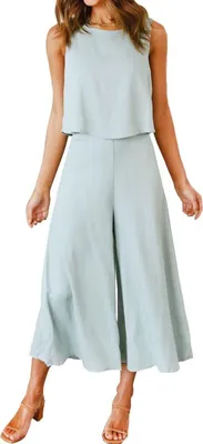 Produktbild von ASKSA Damen 2 Teiliges Outfit Sommer Ärmellos Rundhals Tank Top Weite Beinhose Freizeitanzug Zweiteiler, Hellblau, XL