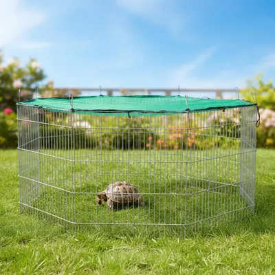 A tortoise is inside a hexagonal metal enclosure with a green mesh cover on a grassy lawn.