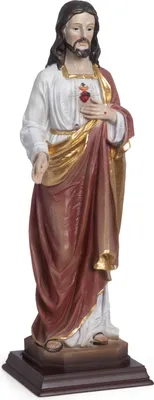 Produktbild von Jesusfigur Herz Jesu 31,5 cm - Dekofigur aus Polyresin auf Sockel, christliche Statue mit goldenen Details, religiöse Heiligenfigur für Innenraum, Kirche, Andacht, Altar