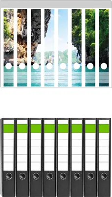 Produktbild von Wallario 8 Stück schmale Ordner inkl. Klebeetiketten mit Motive Felsenschlucht am Meer in Thailand -  Set mit Rückenschildern / Ordnerrücken Stickern