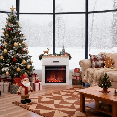A cozy living room decorated for Christmas with a fireplace, Christmas tree, and gifts.