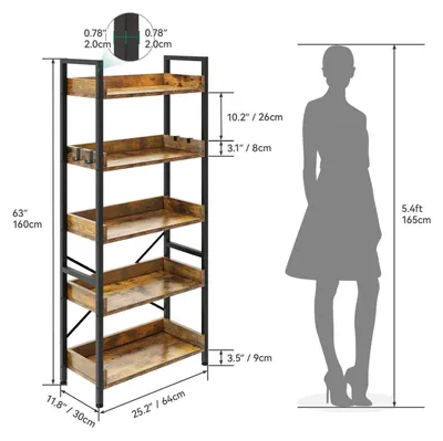 Produktbild von Bücherregal 5 Etagen, Bodenstehend, Holz & Stahl, Vintagebraun, 64x30x160 cm