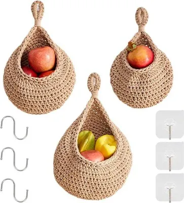 Image de Paniers à fruits suspendus, lot de 3, en corde de coton tressée