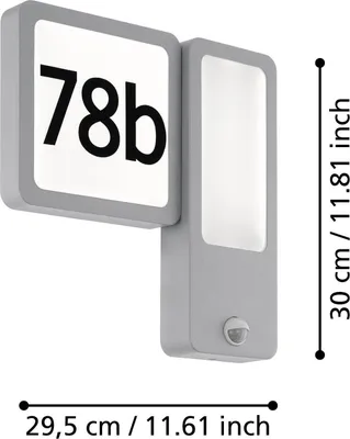 A product image showing a modern outdoor wall lamp with a house number display.