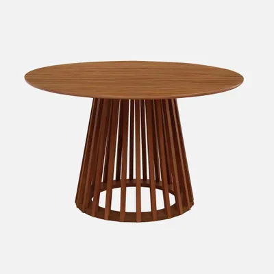 A round wooden dining table with a slatted base, presented against a plain white background.