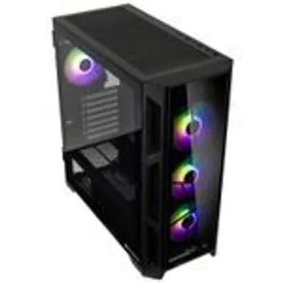 A black computer tower case with RGB lighting on the fans.