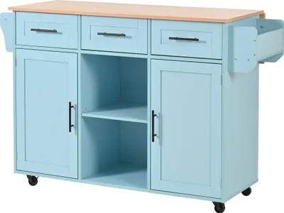 Produktbild von Flieks Servierwagen Kücheninsel Küchenschrank mit 3 Schubladen, Speisewagen mit Erweiterbarer Arbeitsplatte, Kücheinselwagen Küchentrolley, Blau