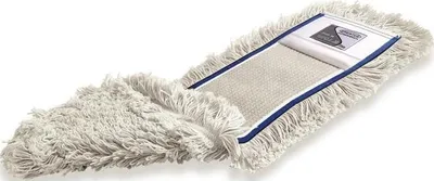 A close-up, studio shot of a white cotton mop head with a blue trim, isolated on a white background.