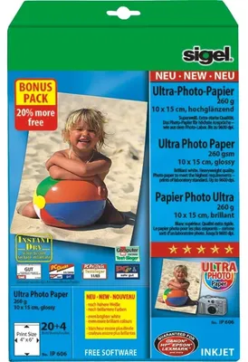 Produktbild von SIGEL IP606 Inkjet Fotopapier Ultra, hochglänzend, 260 g/m², 10x15 cm, 24 Blatt